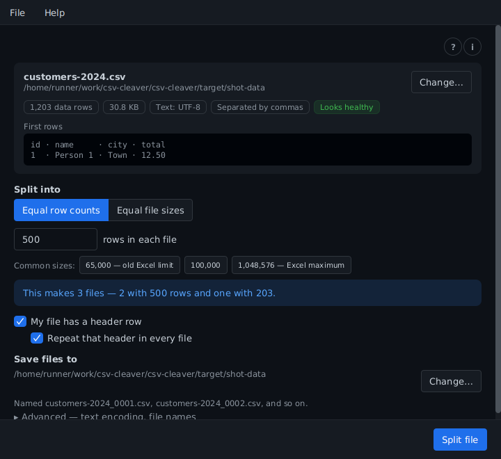 CSV Cleaver ready to split a file, dark theme