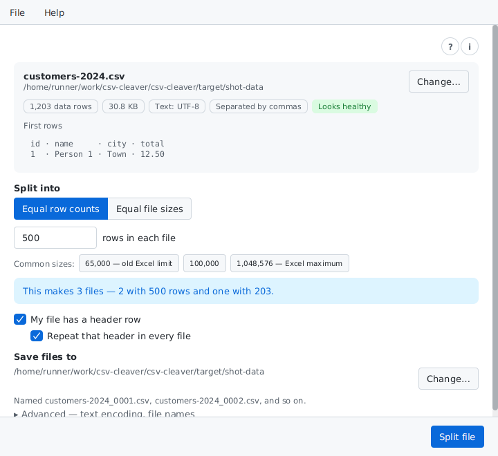 CSV Cleaver ready to split a file, light theme